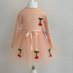 Eterelle 5-6-7 Yaş Kiraz Desenli Kurdela Kuşaklı Astarlı Uzun Kollu Kız Çocuk Tütü Elbise Somon