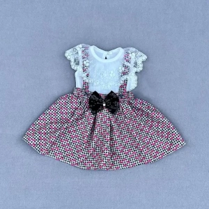 Eterelle 1-2-3 Yaş Kiraz Desenli Salopet Fiyonklu Etek Kısa Kollu Tişörtlü 2li Kız Bebek Takımı Pembe