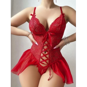 Kırmızı dantel detaylı önü dekolteli fantezi babydoll