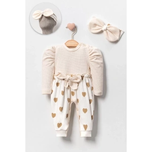 Eterelle Kız Bebek Kalp Desenli Waffle Bandanalı 2li Tulum