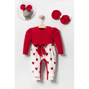 Eterelle Kız Bebek Kalp Desenli Waffle Bandanalı 2li Tulum