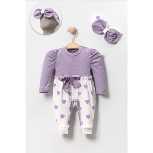 Eterelle Kız Bebek Kalp Desenli Waffle Bandanalı 2li Tulum