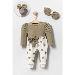 Eterelle Kız Bebek Kalp Desenli Waffle Bandanalı 2li Tulum