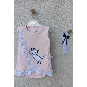 Eterelle Kız Bebek Pembe Kedili Fırfırlı Bandanalı Badi