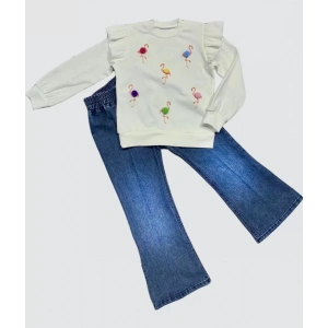 Eterelle 4-5-6 Yaş Kot Pantolonlu Flamingo Desenli Penye Sweat Uzun Kollu 2li Kız Çocuk Takımı Beyaz
