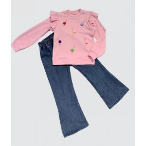 Eterelle 4-5-6 Yaş Kot Pantolonlu Flamingo Desenli Penye Sweat Uzun Kollu 2li Kız Çocuk Takımı Pembe
