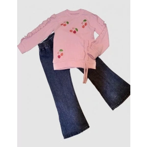 Eterelle 4-5-6 Yaş Kot Pantolonlu Kiraz Desenli Penye Sweat Uzun Kollu 2li Kız Çocuk Takımı Pembe