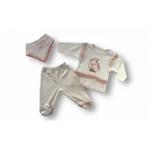 Eterelle 3-6 6-9 9-12 Ay Kraliçe Kuğu Nakışlı Bandajlı Uzun Kollu Sweatli 3lü Kız Bebek Takımı Ekru