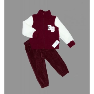 Eterelle 1-2-3 Yaş Kuzu Kumaş Fermuarlı Sweat Kadife Pantolonlu Uzun Kollu Kız Erkek Çocuk 2li Takım Bordo