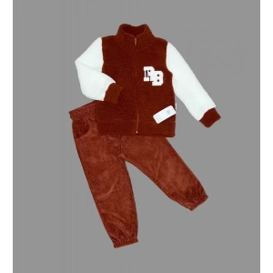 Eterelle 1-2-3 Yaş Kuzu Kumaş Fermuarlı Sweat Kadife Pantolonlu Uzun Kollu Kız Erkek Çocuk 2li Takım Kahverengi