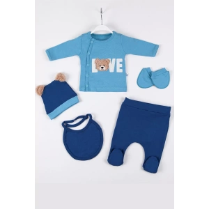 Eterelle Love Bear Nakışlı 5li % 100 Pamuk Erkek Bebek Hastane Çıkış Seti