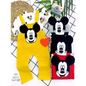 Eterelle 3-6-9-12 Ay Mickey Figürlü Uzun Kollu Baskılı Sweatli 2li Kız Erkek Bebek Salopet Takımı Sarı