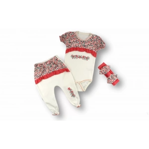 Eterelle 3-6 6-9 9-12 Ay Mimoza Baskılı Bandanalı Kısa Kollu Zıbınlı 3lü Kız Bebek Takımı Nar Çiçeği