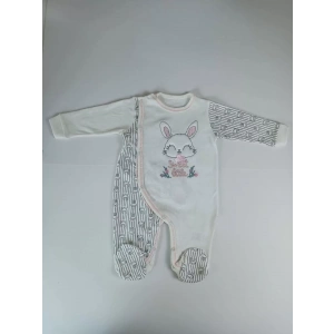 Eterelle 0-3 3-6 Ay Minik Tavşan Nakışlı Boydan Çıtçıt Kapamalı Kız Erkek Bebek Tulumu Ekru