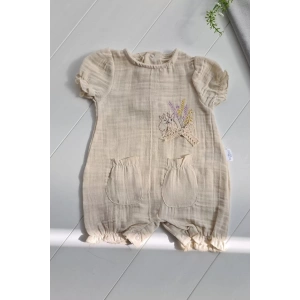 Eterelle Müslin Kumaş Çiçek Nakışlı Pamuklu Kız Bebek Tulum