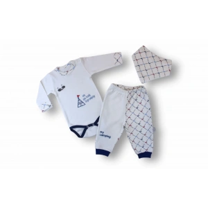 Eterelle 3-6 6-9 9-12 Ay My Camping Nakışlı Bandajlı Uzun Kollu Zıbınlı 3lü Erkek Bebek Takımı Ekru