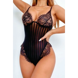 Night Light Çizgili Siyah Dantel Body