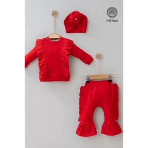 Eterelle Omuzdan Fırfır Detaylı Boneli 3lü % 100 Pamuklu Kız Bebek Takımı