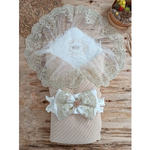 Eterelle Örgü Tericotton Taç Nakışlı İncili Güpür Çift Fiyonk Papatya Güpür Trilüks Kundak Bebek Battaniyesi Bej