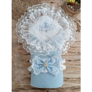 Eterelle Örgü Tericotton Taç Nakışlı İncili Güpür Çift Fiyonk Papatya Güpür Trilüks Kundak Bebek Battaniyesi Mavi