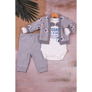 Eterelle Papyonlu Bear Çizgili Model Ceketli 3lü Erkek Bebek Takımı