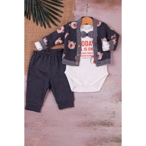 Eterelle Papyonlu Bear Çizgili Model Ceketli 3lü Erkek Bebek Takımı