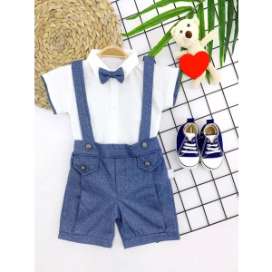 Eterelle 9-12-18-24 Ay Papyonlu Gömlek 2li Erkek Bebek Salopet Takımı İndigo