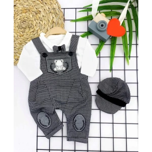 Eterelle 3-6-9-12 Ay Papyonlu Kırçıl Nakış Detaylı Kasket Şapkalı Uzun Kollu 3lü Erkek Bebek Salopet Takımı Gri