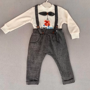 Eterelle 9-12-18 Ay Papyonlu Sweat Kot Pantolon 2li Erkek Bebek Salopet Takımı Gri