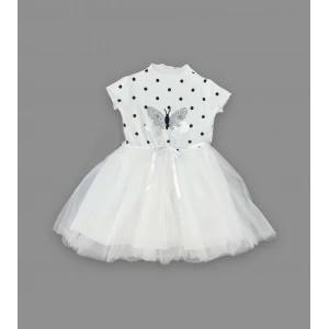 Eterelle 5-6-7 Yaş Payetli Kelebek Desenli Puantiyeli Kız Çocuk Elbisesi Beyaz