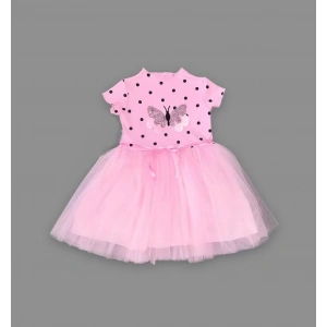 Eterelle 5-6-7 Yaş Payetli Kelebek Desenli Puantiyeli Kız Çocuk Elbisesi Pembe