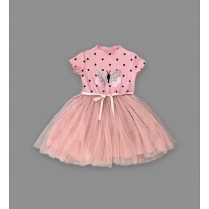 Eterelle 5-6-7 Yaş Payetli Kelebek Desenli Puantiyeli Kız Çocuk Elbisesi Gül Kurusu