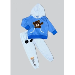 Eterelle 2-3-4 Yaş Pelüş Ayı Desenli Kapşonlu Uzun Kollu Penye Sweat 2li Erkek Çocuk Takımı İndigo
