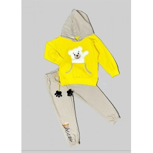 Eterelle 2-3-4 Yaş Pelüş Ayı Desenli Kapşonlu Uzun Kollu Penye Sweat 2li Erkek Çocuk Takımı Sarı