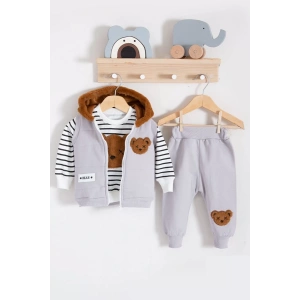 Eterelle Peluş Ayıcık Desenli Kapişonlu 3lü Erkek Bebek Takımı