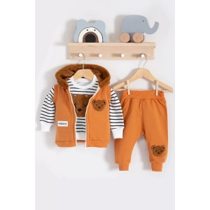 Eterelle Peluş Ayıcık Desenli Kapişonlu 3lü Erkek Bebek Takımı