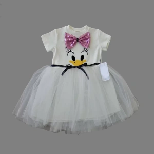 Eterelle 1-2-3 Yaş Payet Fiyonk Tokalı Ördek Nakışlı Astarlı Kız Bebek Tütü Elbisesi Beyaz