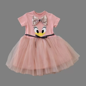 Eterelle 1-2-3 Yaş Payet Fiyonk Tokalı Ördek Nakışlı Astarlı Kız Bebek Tütü Elbisesi Pudra