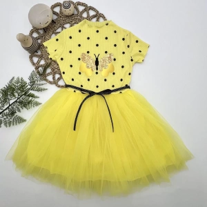 Eterelle 5-6-7 Yaş Payetli Kelebek Desenli Puantiyeli Kız Çocuk Elbisesi Sarı