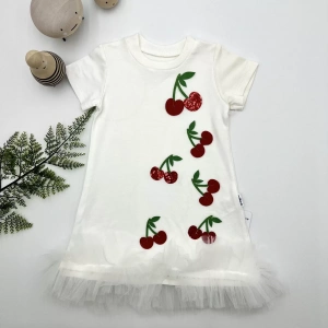 Eterelle 1-2-3 Yaş Payetli Kiraz Nakışlı Eteği Fırfırlı Jile Kız Çocuk Elbisesi Beyaz