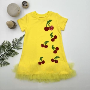 Eterelle 1-2-3 Yaş Payetli Kiraz Nakışlı Eteği Fırfırlı Jile Kız Çocuk Elbisesi Sarı