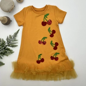 Eterelle 1-2-3 Yaş Payetli Kiraz Nakışlı Eteği Fırfırlı Jile Kız Çocuk Elbisesi Turuncu
