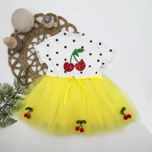 Eterelle 1-2-3 Yaş Payetli Kiraz Nakışlı Kiraz Etekli Kız Bebek Tütü Elbisesi Sarı