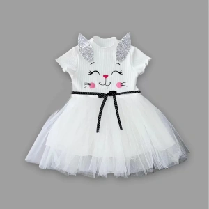 Eterelle 1-2-3 Yaş Payetli Kulak Tavşan Baskılı Kız Bebek Elbisesi Beyaz