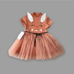Eterelle 1-2-3 Yaş Payetli Kulak Tavşan Baskılı Kız Bebek Elbisesi Kahverengi