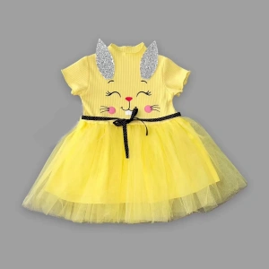 Eterelle 1-2-3 Yaş Payetli Kulak Tavşan Baskılı Kız Bebek Elbisesi Sarı