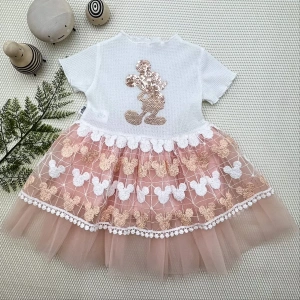 Eterelle 1-2-3 Yaş Payetli Mickey Baskılı Brode Etekli Kız Bebek Elbisesi Pudra