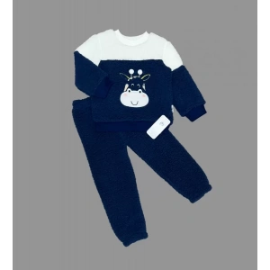 Eterelle 1-2-3 Yaş Ponponlu Zürafa Desenli Kuzu Kumaş Uzun Kollu 2li Kız Erkek Çocuk Takımı Lacivert