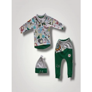 Eterelle 6-9 12-18 18-24 Ay Power Kedi Nakışlı Uzun Kollu Sweat Şapkalı 3lü Kız Erkek Bebek Takımı Yeşil
