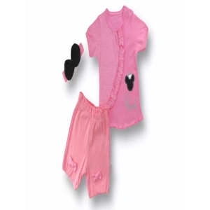 Eterelle 3-6 6-9 9-12 12-18 Ay Princess Taçlı Mickey Nakışlı Şort Tişört 3lü Kız Bebek Takımı Pembe
